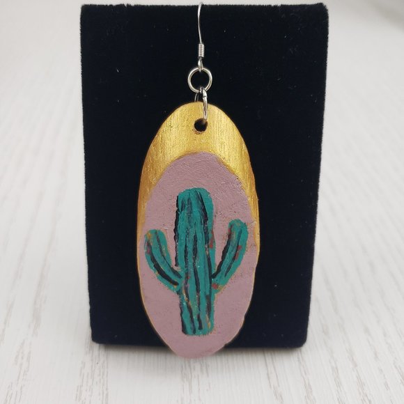 Jewelry - Wood Oval SINGLE Earring Cactus Painted Drop